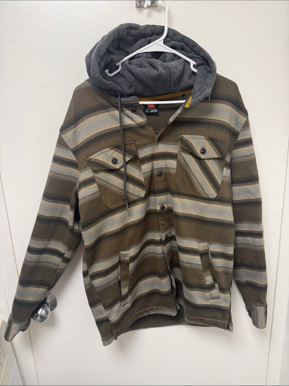 Quiksilver Striped Hooded Button-Up Jacket in Olive and Gray